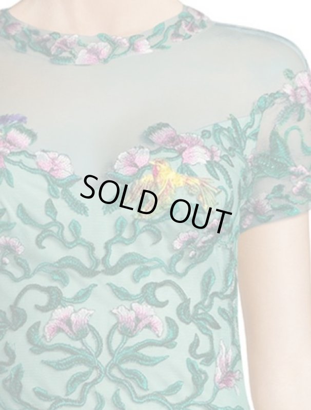 画像2: Tadashi Shoji タダシショージ　Floral Embroidered Cocktail Dress　グリーン系 (2)