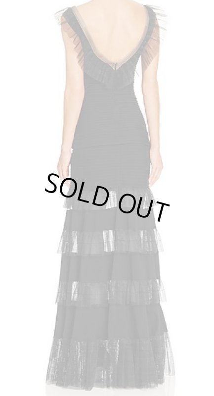 画像2: Tadashi Shoji  タダシショージ　Illusion Ruffle Pintucked Gown ブラック (2)