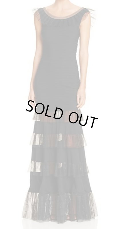 画像1: Tadashi Shoji  タダシショージ　Illusion Ruffle Pintucked Gown ブラック (1)