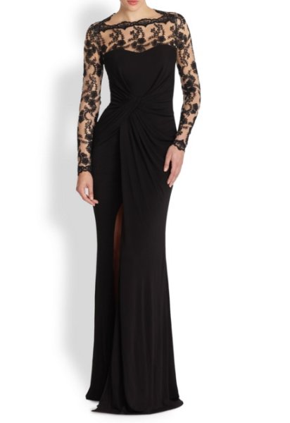 画像1: David Meister デビッドマイスター　Lace Draped Jersey Slit Gown (1)