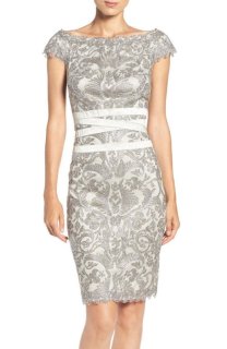 Tadashi Shoji Embroidered Off the Shoulder Mesh Sheath Dress