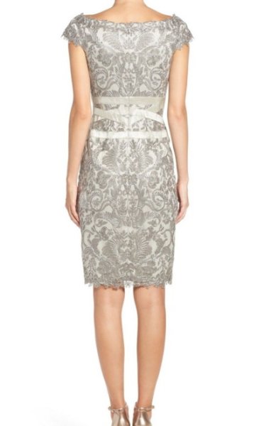 画像2: Tadashi Shoji  タダシショージ Embroidered Off the Shoulder Mesh Sheath Dress アッシュグレイ  (2)