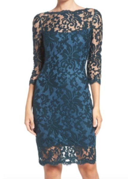 画像1: Tadashi Shoji タダシショージ　Embroidered Lace Sheath Dress  STARRY NIGHT 　ブルー系、グリーン系 (1)