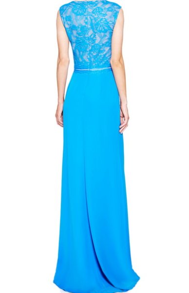 画像2: サイズ追加!Tadashi Shoji タダシショージ Wilhelmina Lace & Crepe Gown ブルー (2)