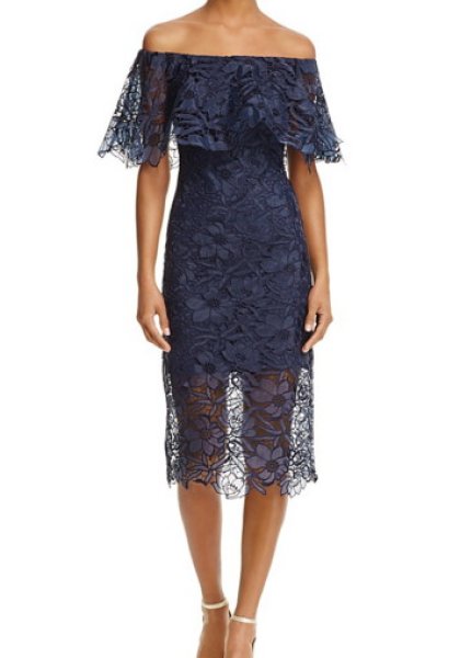 画像1: 【SHIHOさん着用】Tadashi Shoji タダシショージ   Off-the-Shoulder Lace Flounce Dress　ネイビー系 (1)