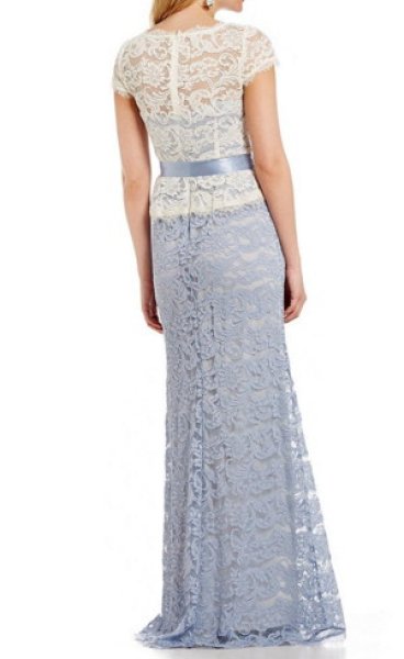 画像2: Adrianna Papell アドリアナパペル Nouveau Scroll Lace Peplum ドレス ライトブルー (2)