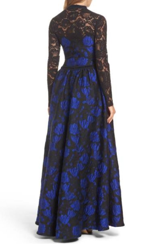 画像2: 再販売セール！Tadashi Shoji タダシショージ   ハイネックローズジャガードドレス　ブルー系 (2)