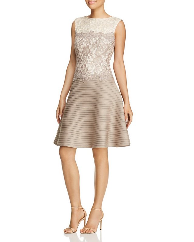 画像1: 【木佐彩子さん、牧野紗弥さんがご着用】Tadashi Shoji　タダシショージ　　Lace Mixed-Media Flared Dress ベージュ系  09272　　 (1)