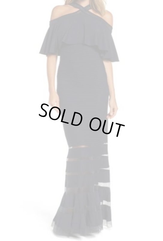 画像1: Tadashi Shoji  タダシショージ　ピンタックコールドショルダーロングドレス　ネイビー (1)