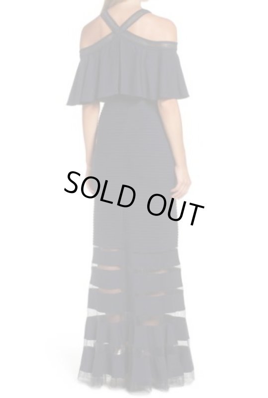 画像2: Tadashi Shoji  タダシショージ　ピンタックコールドショルダーロングドレス　ネイビー (2)