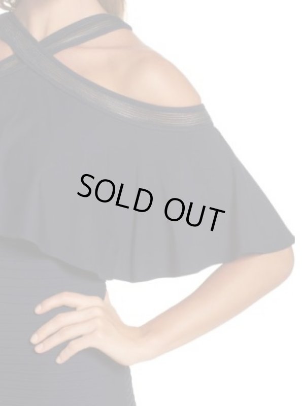 画像4: Tadashi Shoji  タダシショージ　ピンタックコールドショルダーロングドレス　ネイビー (4)