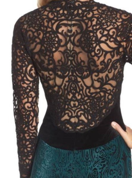 画像3: Tadashi Shoji タダシショージ   ベルベット&メッシュレースロングドレス グリーン系 (3)