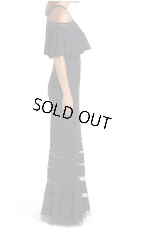 画像3: Tadashi Shoji  タダシショージ　ピンタックコールドショルダーロングドレス　ネイビー (3)