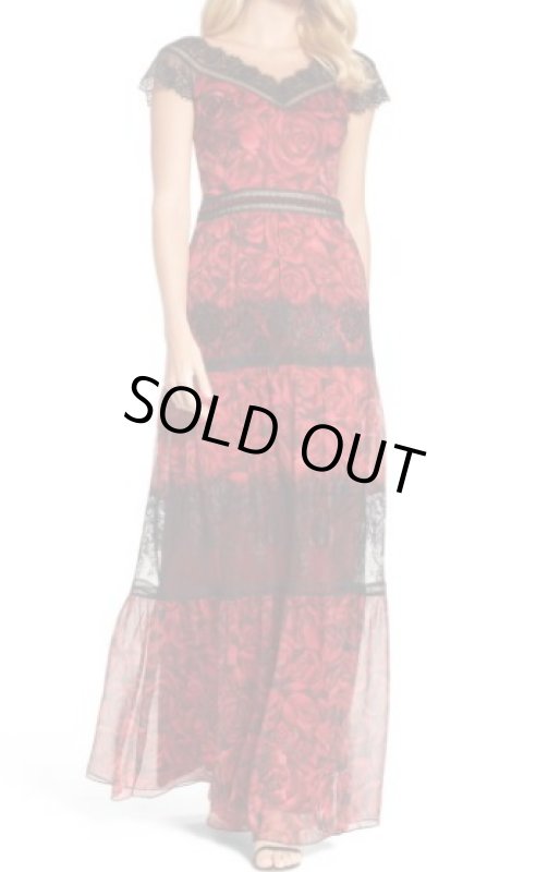 画像1: 再販売！Tadashi Shoji タダシショージ   ローズレース＆シフォンロングドレス　 レッド系 (1)