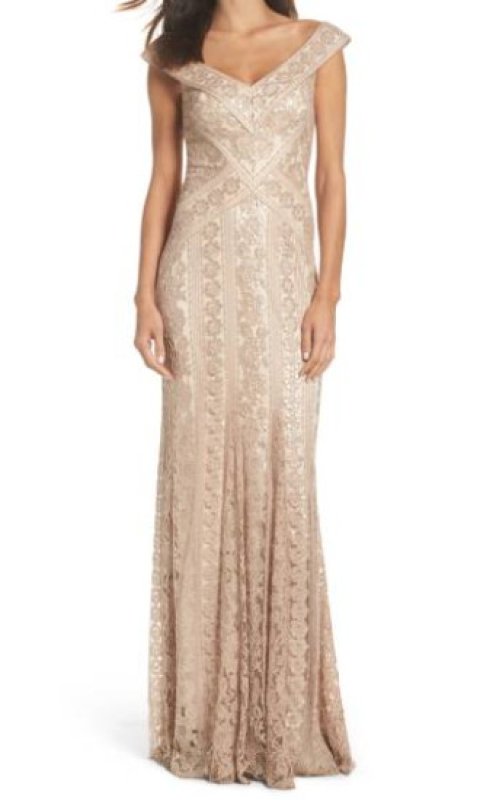 画像1: サイズ追加！【米倉涼子さんご着用】Tadashi Shoji  タダシショージ　Sequined Lace Gown ベージュ系 (1)