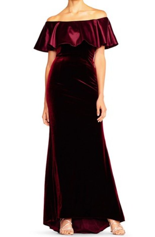 画像1: Adrianna Papell アドリアナパペル  オフショルダーベルベットGown　ダークワイン  10441 (1)
