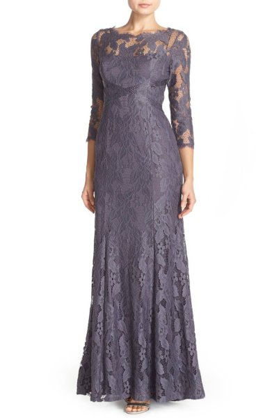 画像1: Adrianna Papell　アドリアナパペル パーティードレス　　Illusion Yoke Lace Gown グレー系 (1)