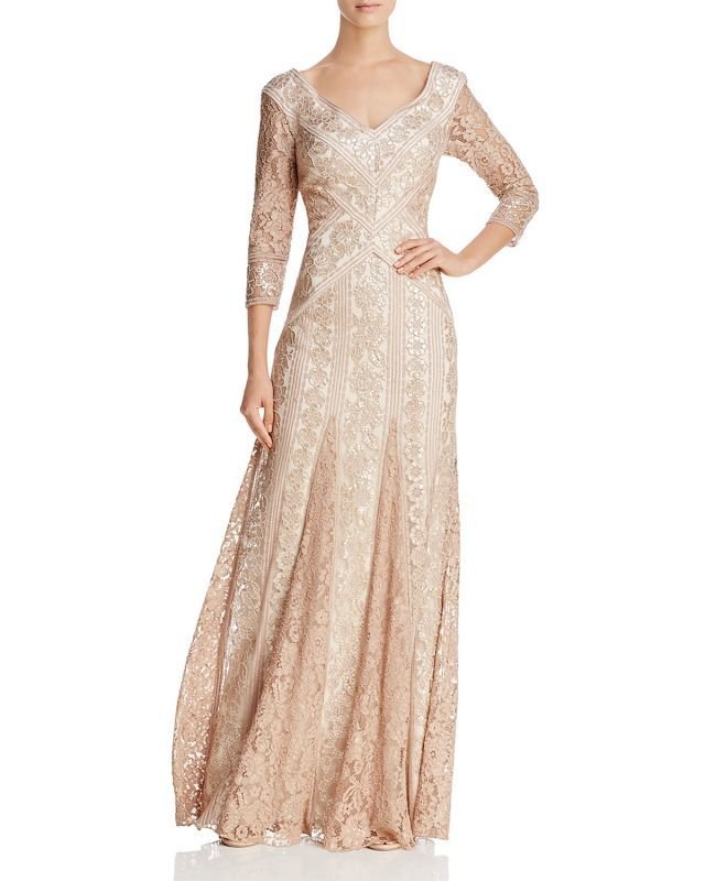 画像1: Tadashi Shoji  タダシショージ　Three-Quarter Sleeve Sequin Lace Gown　ベージュ系 (1)