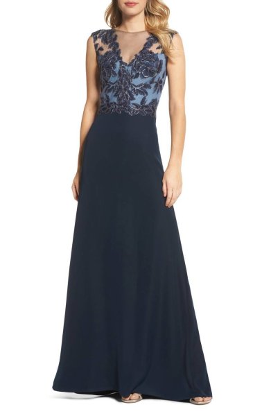 画像1: セール！Tadashi Shoji  パーティードレス　Sleeveless Illusion Lace Gown ネイビー (1)