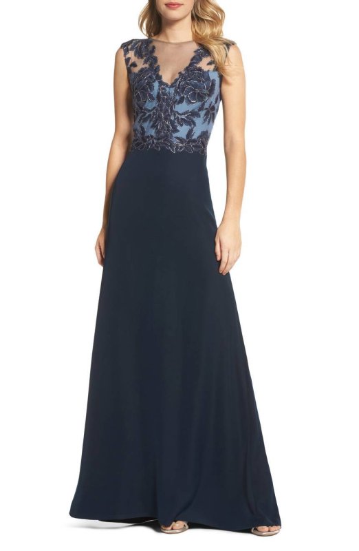 画像1: セール！Tadashi Shoji  パーティードレス　Sleeveless Illusion Lace Gown ネイビー (1)