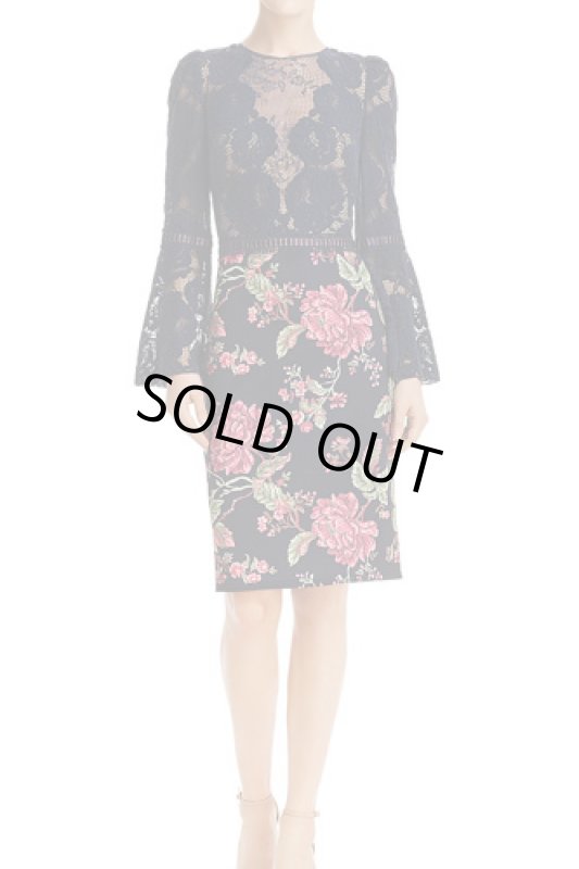 画像1: 値下げ、即発！【ヘザーグラハム愛用】Tadashi Shoji タダシショージ   Lace Trumpet-Sleeve ドレス　ネイビー (1)