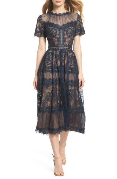 画像1: 【Octavia Spencer愛用】Tadashi Shoji タダシショージ   camilla Lace Tea-Length ドレス  ネイビー (1)