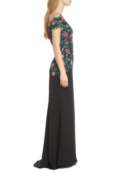 画像3: セール!Tadashi Shoji  タダシショージ メッシュトップ花柄刺繍ロングドレス ブラック (3)