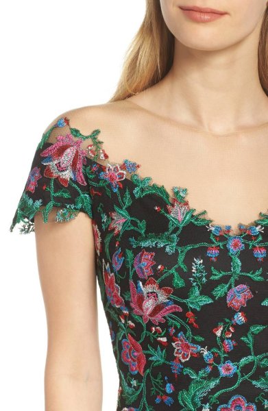 画像4: セール!Tadashi Shoji  タダシショージ メッシュトップ花柄刺繍ロングドレス ブラック (4)