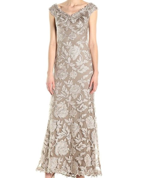 画像1: Tadashi Shoji タダシショージ   　 Floral Lace Embroidered Gown Dress ベージュ系 (1)