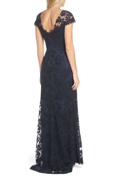 画像2: Tadashi Shoji  タダシショージ  Embroidered Corded Lace Gown ネイビー系 (2)