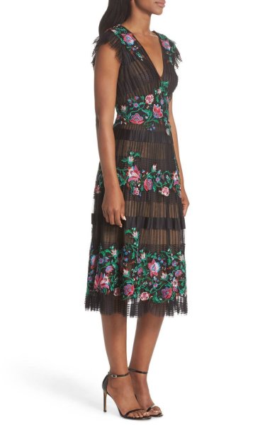 画像3: Tadashi Shoji  タダシショージ 花柄刺繍プリーツチュールドレス ブラック (3)