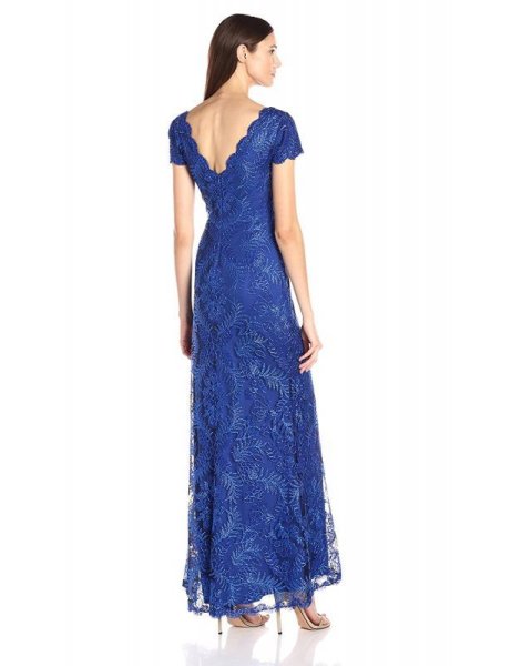 画像2: 【デヴィ夫人ご着用】Tadashi Shoji タダシショージ Cap Sleeve Lace V-Back Gown  ブルー系 (2)