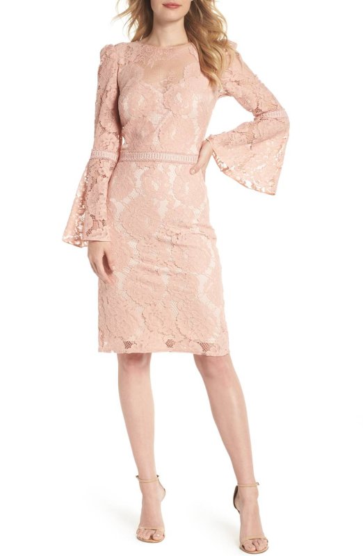 画像1: Tadashi Shoji タダシショージ   ベルスリーブレースドレス  ピンク系 (1)