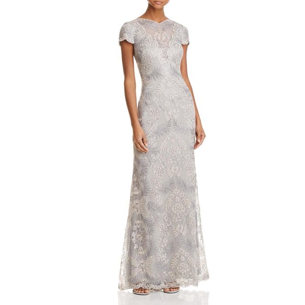 画像1: 【デヴィ夫人ご着用】Tadashi Shoji タダシショージ　Cap Sleeve Lace V-Back Gown  ライトパール (1)