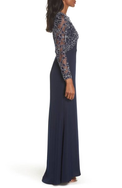 画像3: 1点のみ即発!Tadashi Shoji  タダシショージ   Crepe & Embroidered Lace Gown ネイビー系  41101 (3)