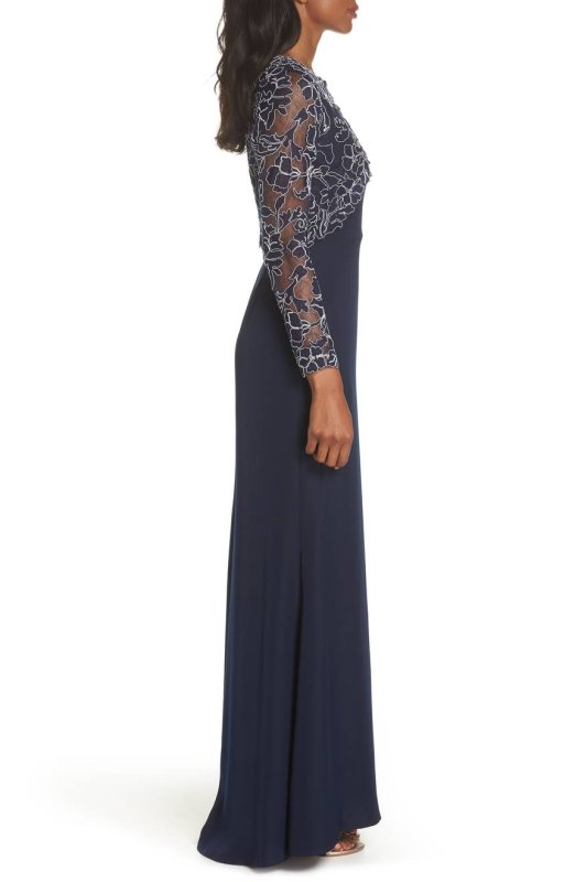 画像4: Tadashi Shoji  タダシショージ  　Crepe & Embroidered Lace Gown　ネイビー系  41101 (4)