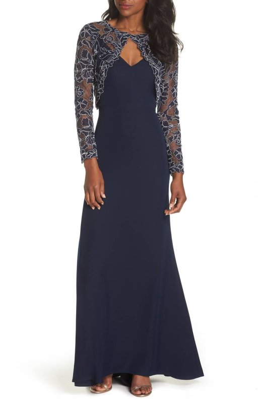画像2: Tadashi Shoji  タダシショージ  　Crepe & Embroidered Lace Gown　ネイビー系  41101 (2)