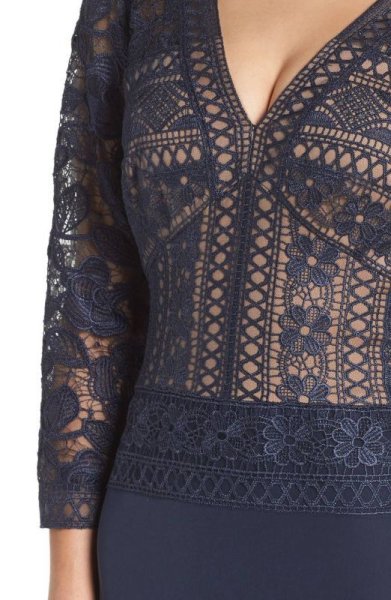 画像3: Tadashi Shoji  タダシショージ Lace & Crepe A-Line Gown ネイビー系 (3)