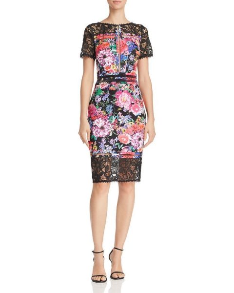 画像1: Tadashi Shoji タダシショージ   Lace-Trimmed Floral-Print Sheath Dress (1)