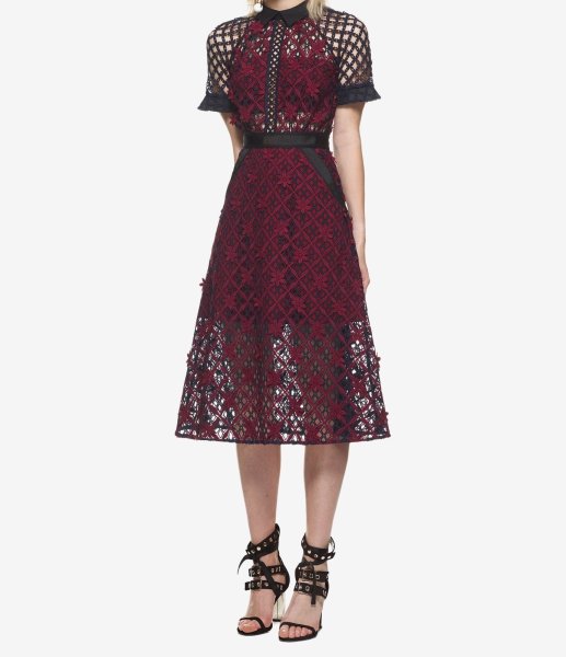 画像1: 【瀧本美織さんご着用】Self Portrait　　  Burgundy Floral Grid Lace Midi Dress (1)