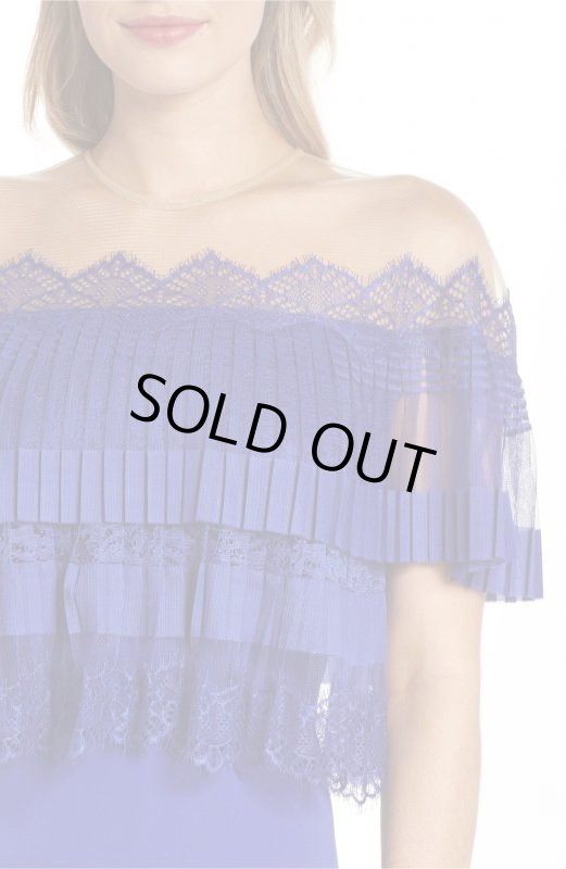 画像4: Tadashi Shoji タダシショージ　Off The Shoulder Lace & Crepe Gown ブルー系 (4)