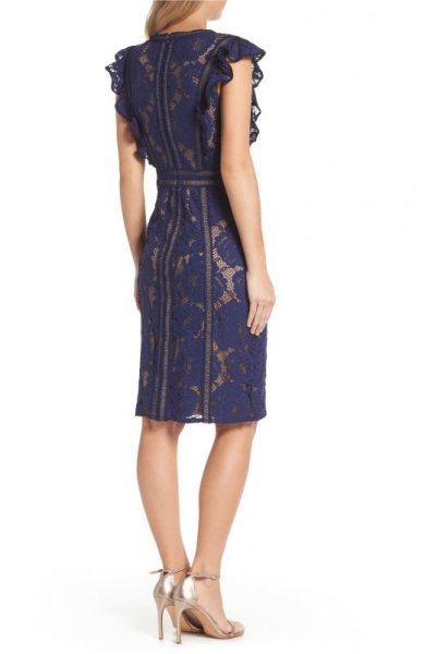 画像2: 【ドラマ使用】Tadashi Shoji タダシショージ ラッフルレースドレス ネイビー (2)