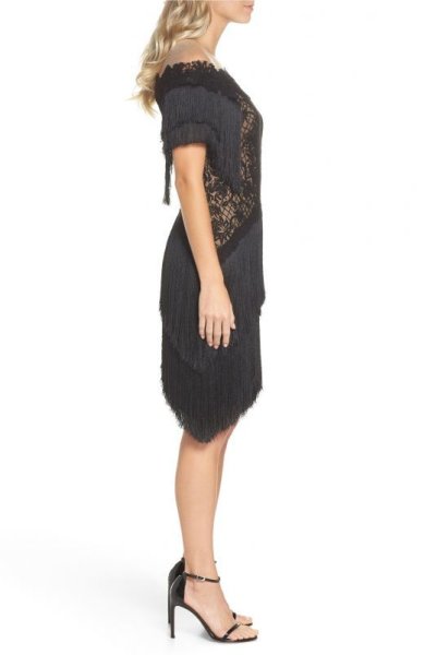 画像3: 【浅野ゆう子さん着用】Tadashi Shoji タダシショージ オフショルダーフリンジメッシュドレス ブラック (3)