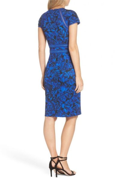 画像2: Tadashi Shoji タダシショージ   花柄ボディコンドレス ブルー系 (2)