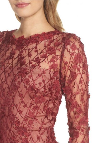 画像3: Tadashi Shoji タダシショージ 3D Flowers Lace Dress ローズウッド  レッド系 (3)
