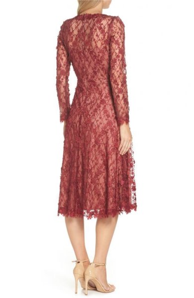 画像2: Tadashi Shoji タダシショージ 3D Flowers Lace Dress ローズウッド  レッド系 (2)