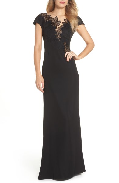 画像1: Tadashi Shoji タダシショージ   パーティードレス　Lace & Crepe Gown ブラック (1)