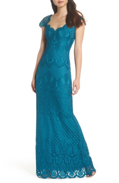 画像1: セール！Tadashi Shoji タダシショージ   Lace Cap Sleeve Gown　Cerulean　ブルー系、グリーン系 (1)