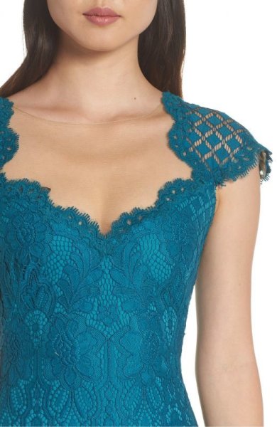 画像4: セール!Tadashi Shoji タダシショージ   Lace Cap Sleeve Gown Cerulean ブルー系、グリーン系  04032 (4)