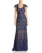 画像1: Tadashi Shoji タダシショージ   Lace Cap Sleeve Gown Midnight ブルー系ネイビー系 (1)